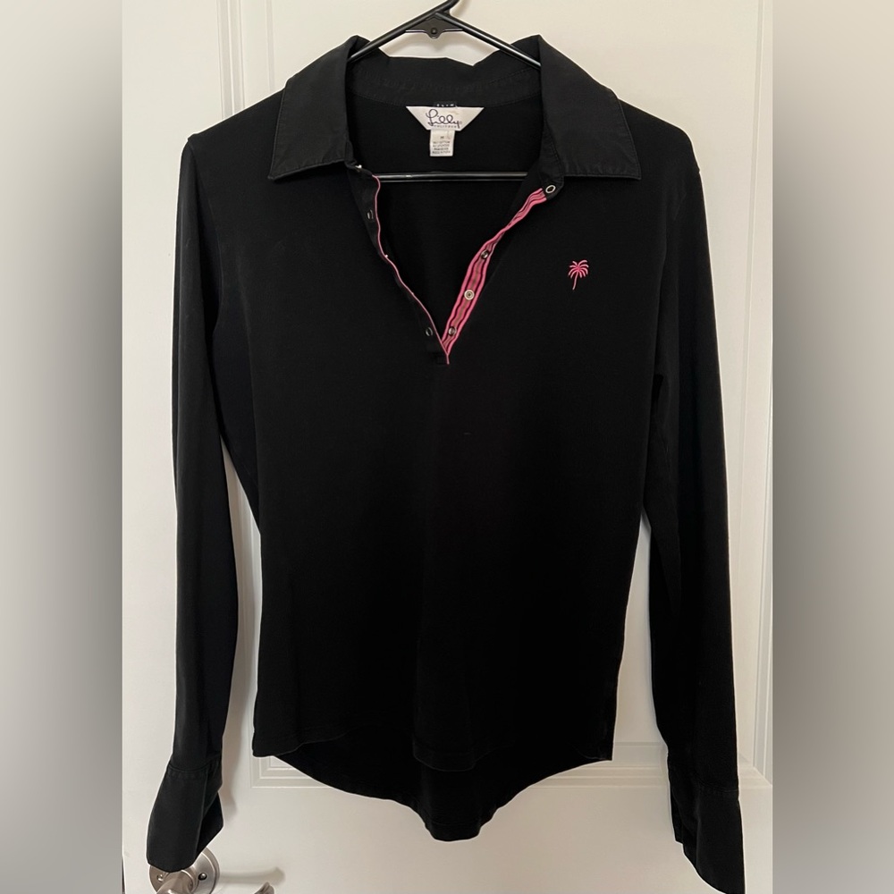 Lilly Pulitzer 1/4 Button Long Sleeve Collard Cotton Shirt Size M Pink Logo